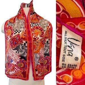 Vera Neumann 100% Silk Vintage Scarf Wrap Red Pink Black Made in Japan 52” x 10”